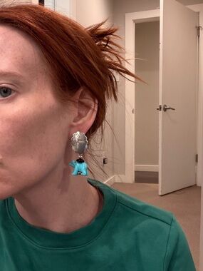 Signed Sterling Silver Turquoise Bear Fetish Concho Dangle earrings
